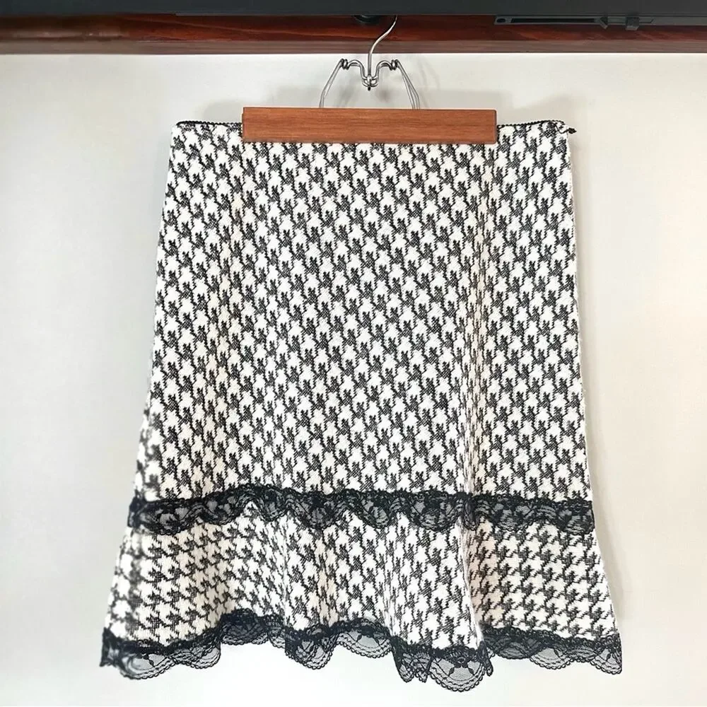 Lux Lux Lux Y2K Houndstooth Lace Trim Flare Skirt Black White M